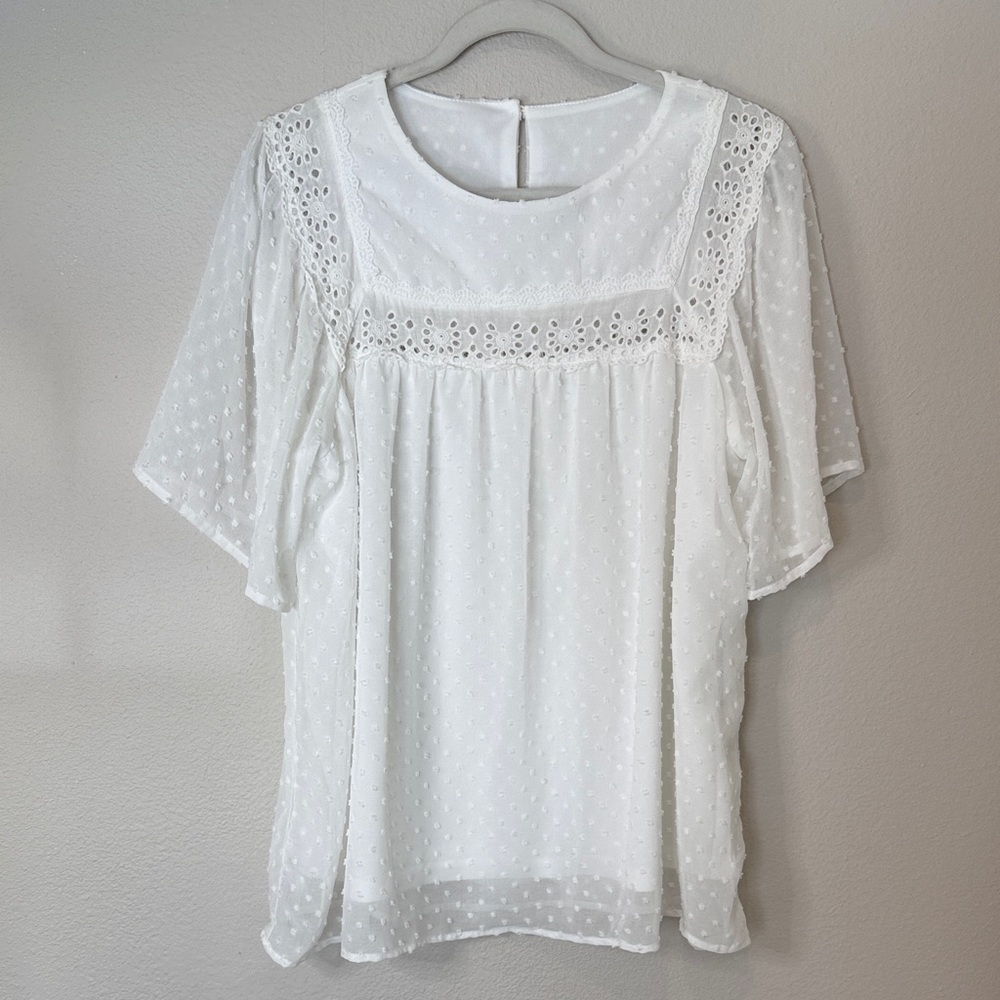 Women’s White Swiss Dot Lace Yoke Blouse